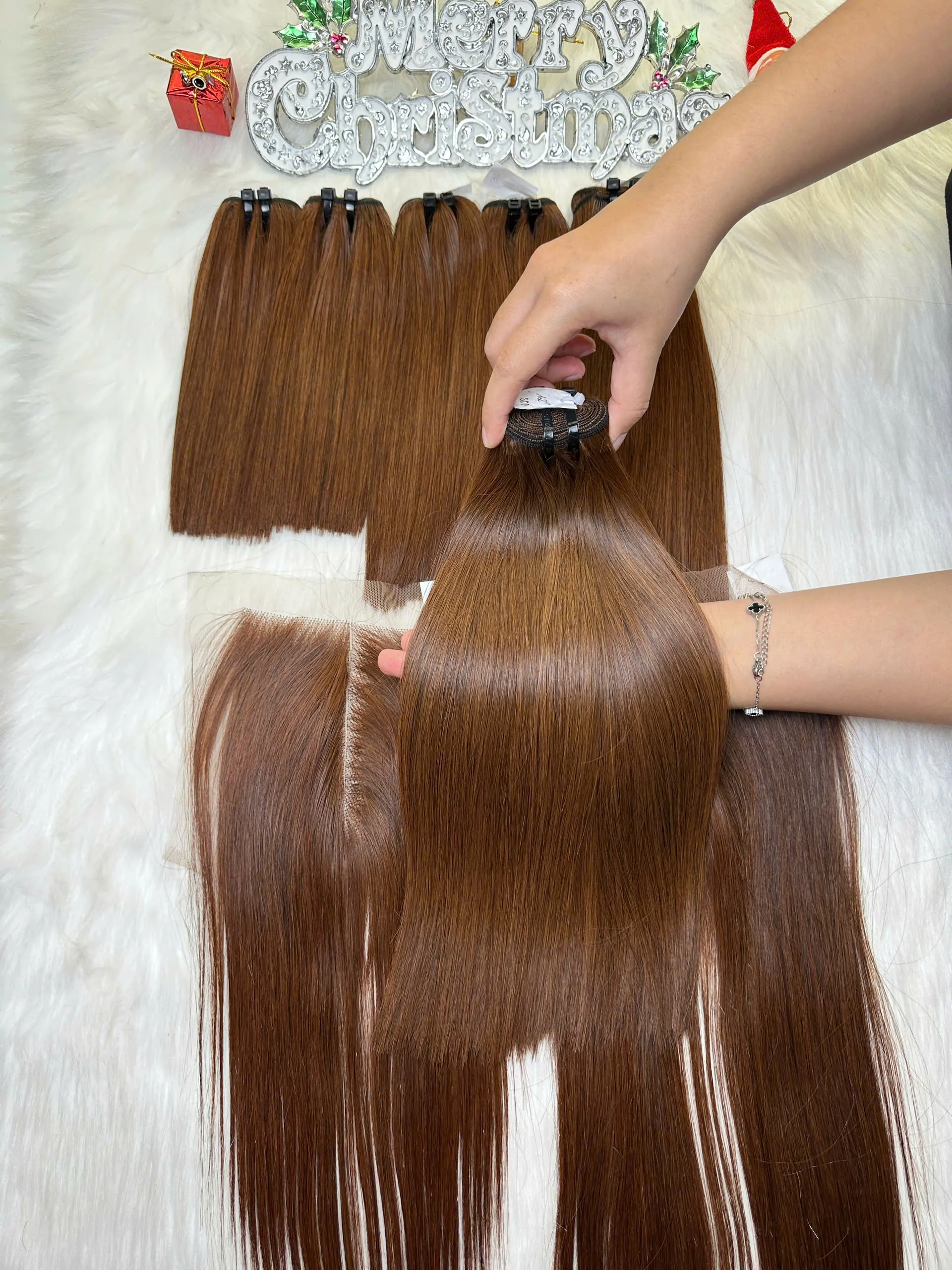 Weft Hair Extensions Bone Straight Dark Brown Color Raw Vietnam Hair