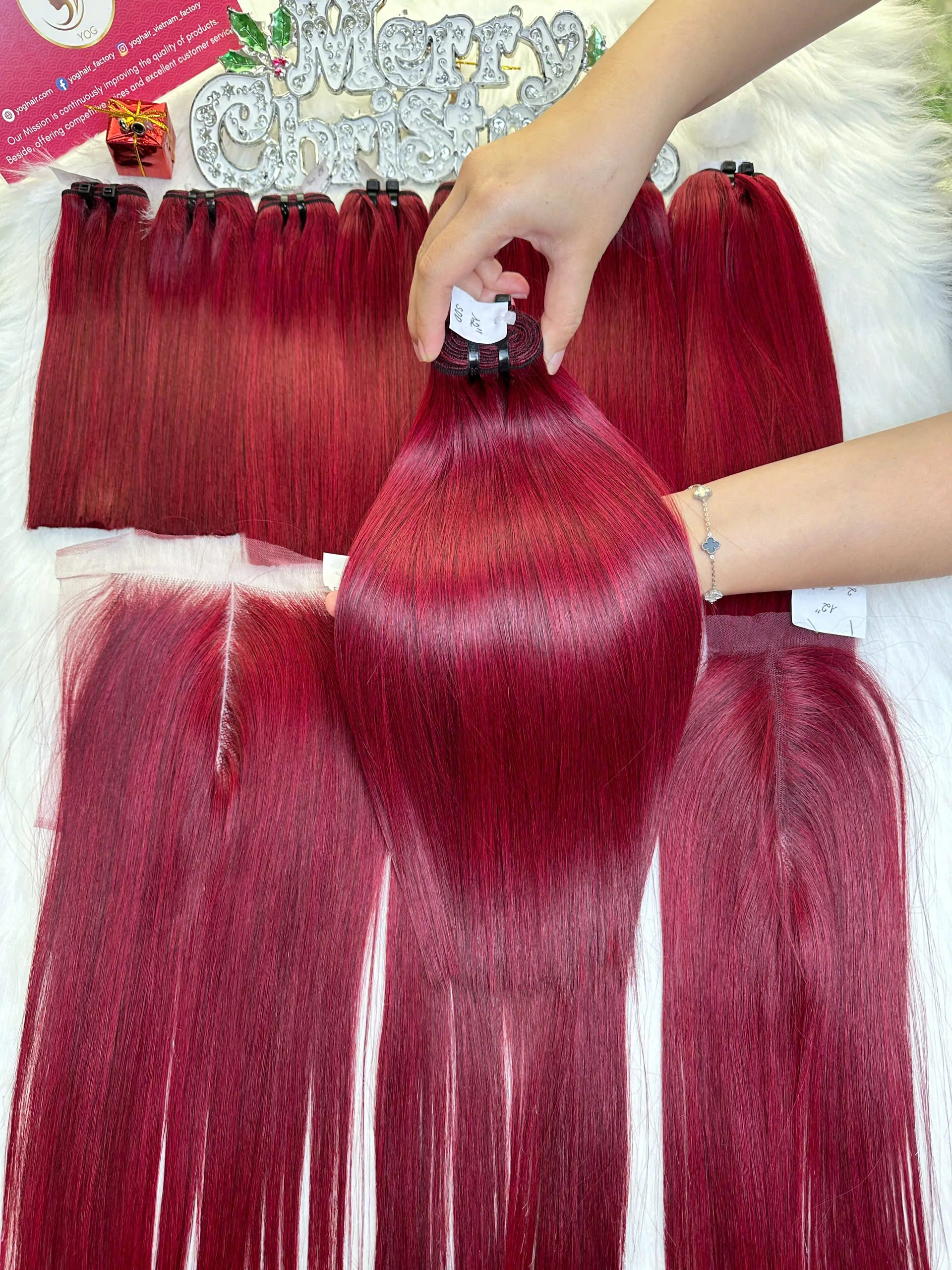 Weft Hair Extensions Bone Straight Red Color Vietnamese Hair Luxurious