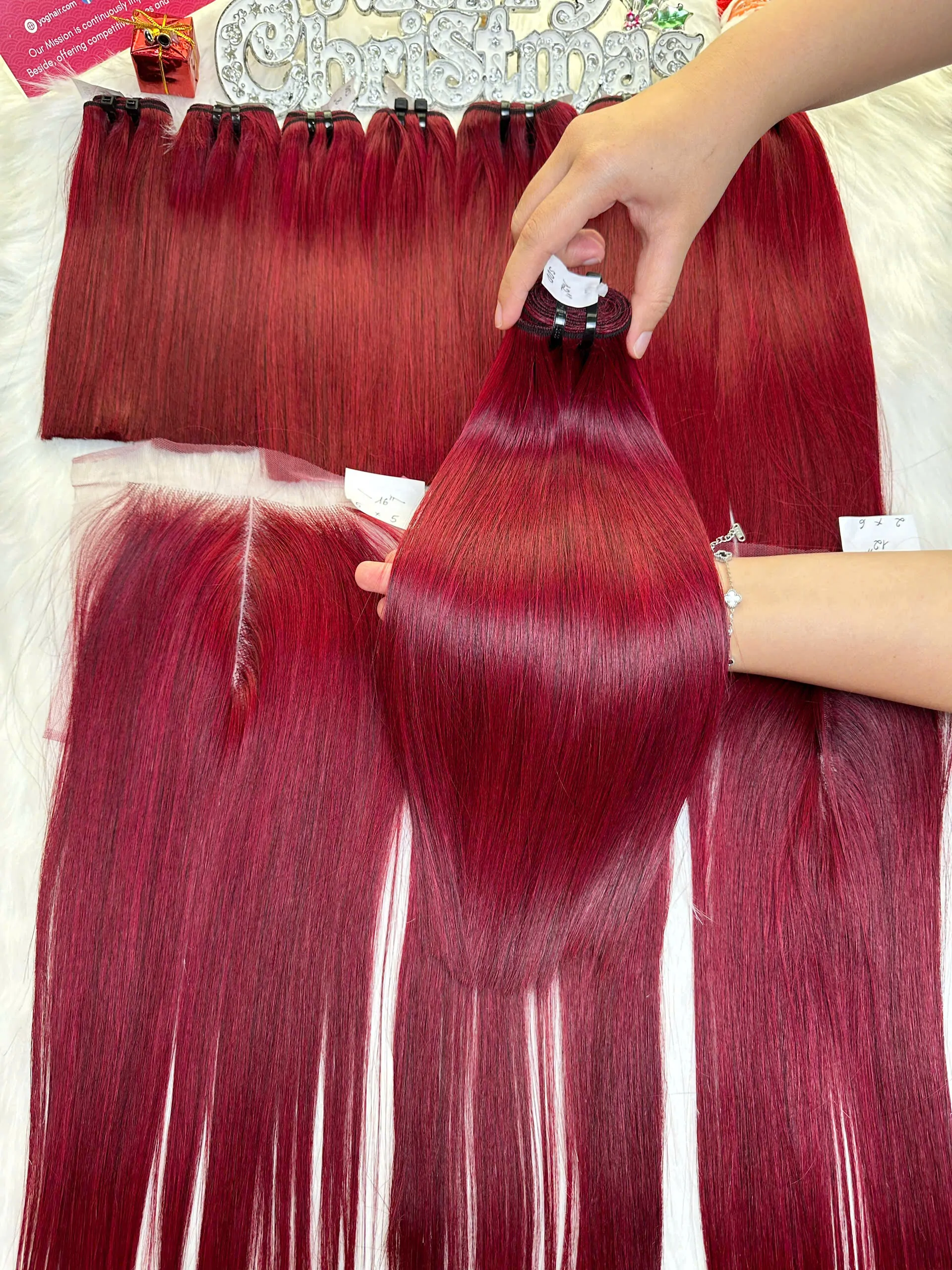 Weft Hair Extensions Bone Straight Red Color Vietnamese Hair