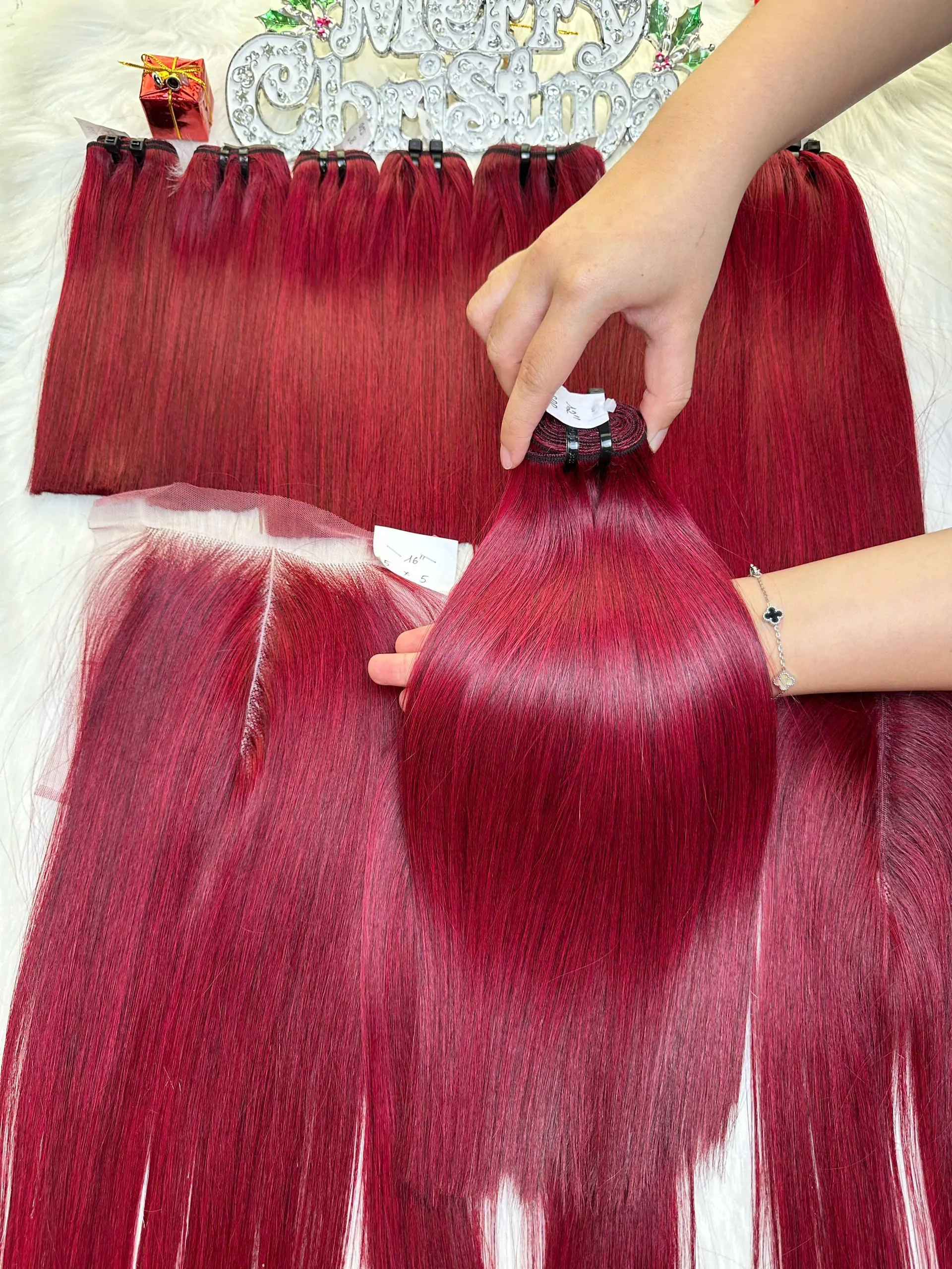 Weft Hair Extensions Bone Straight Red Color