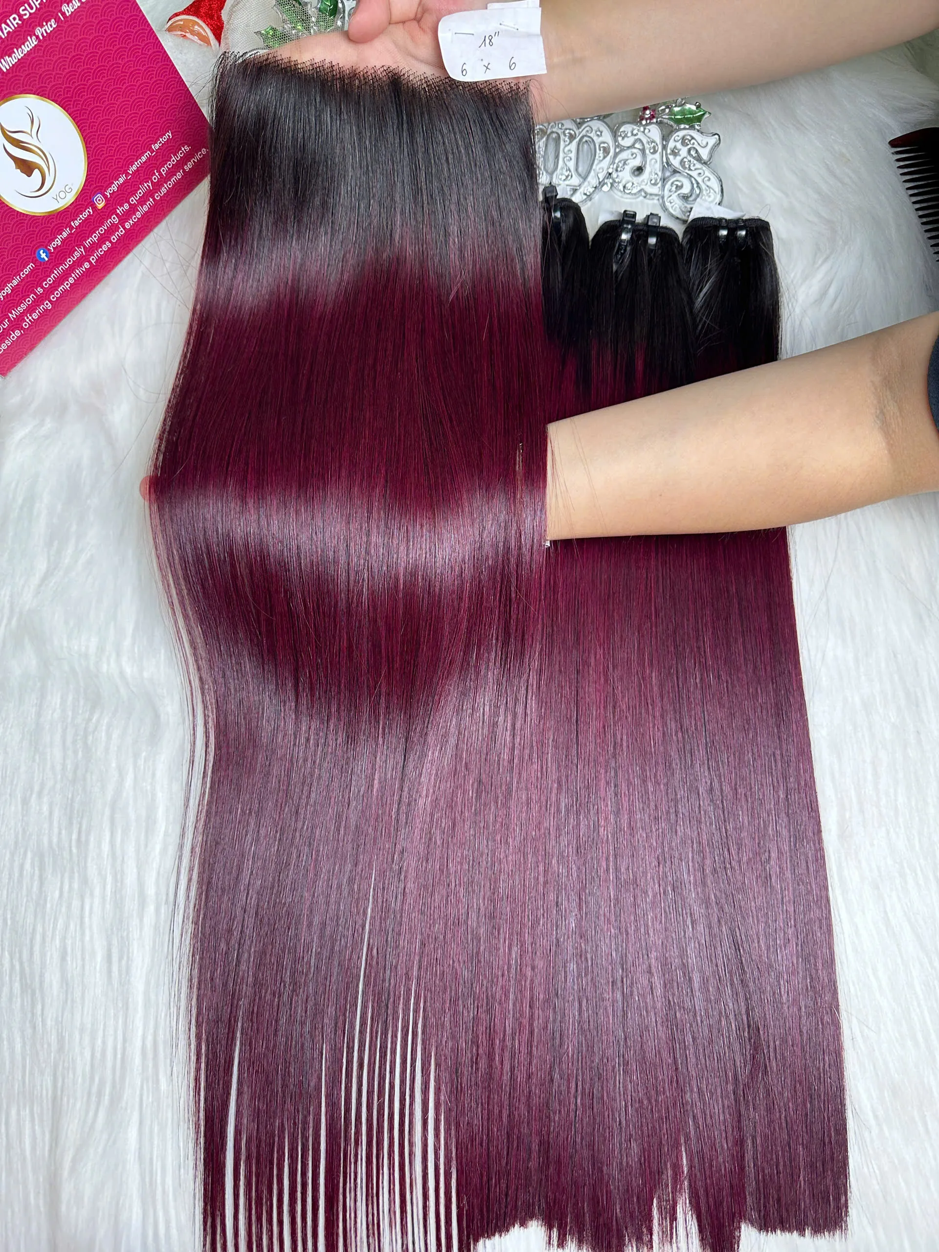 HD Lace Frontal 6x6 Ombre Burgundy Color Vietnamese Hair Bone Straight