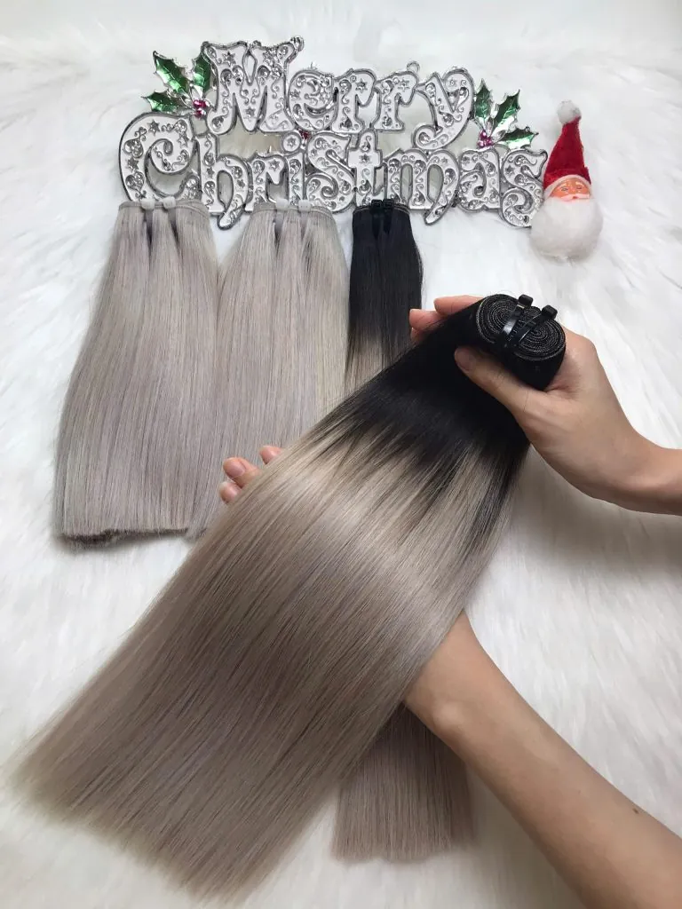 Weft Hair Extensions Ombre Grey Color Vietnamese Human Hair Bone Straight 7 Weft Hair Extensions Ombre Grey Color Vietnamese Human Hair