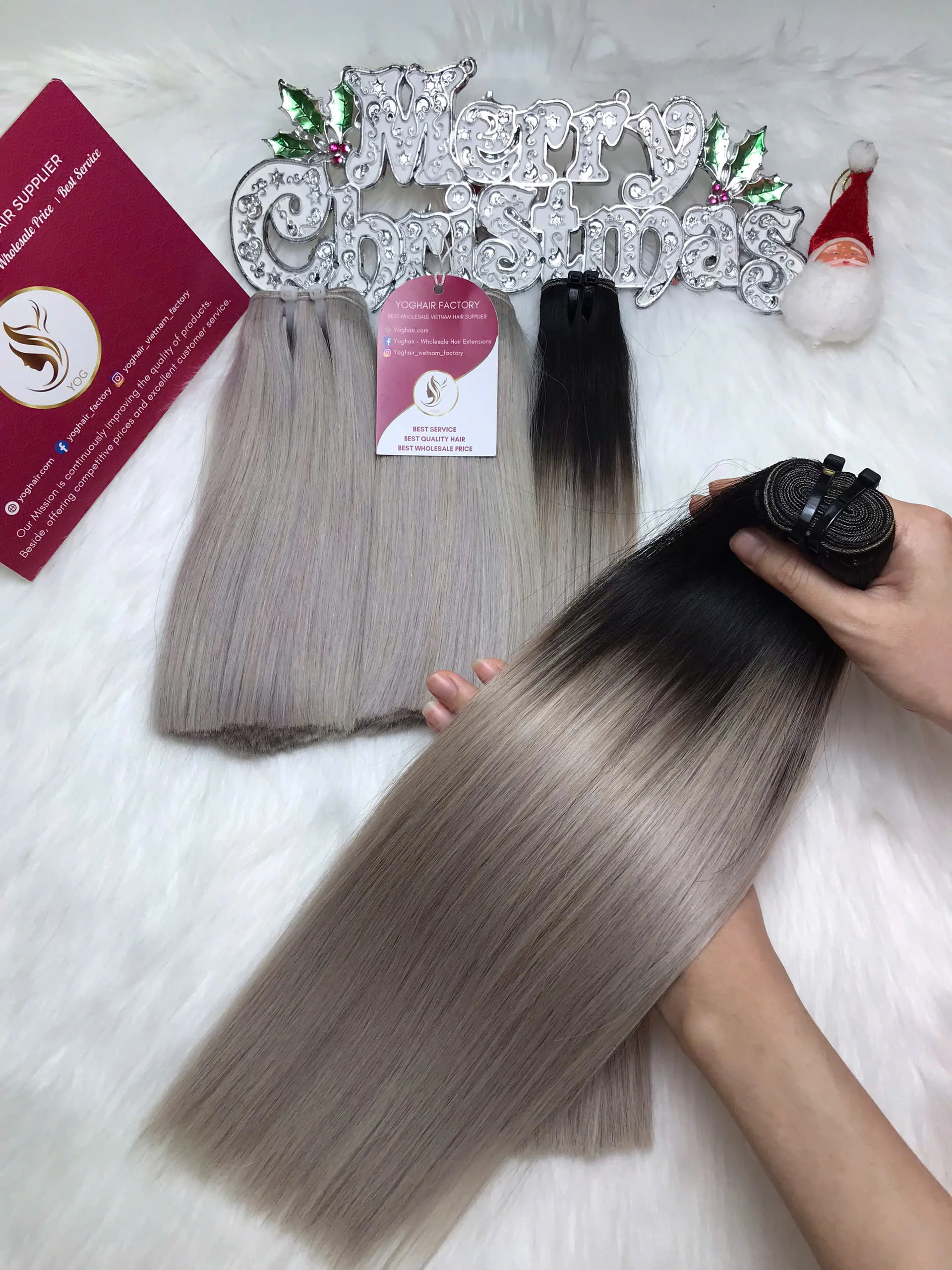 Weft Hair Extensions Ombre Grey Color Vietnamese Human Hair Bone Straight