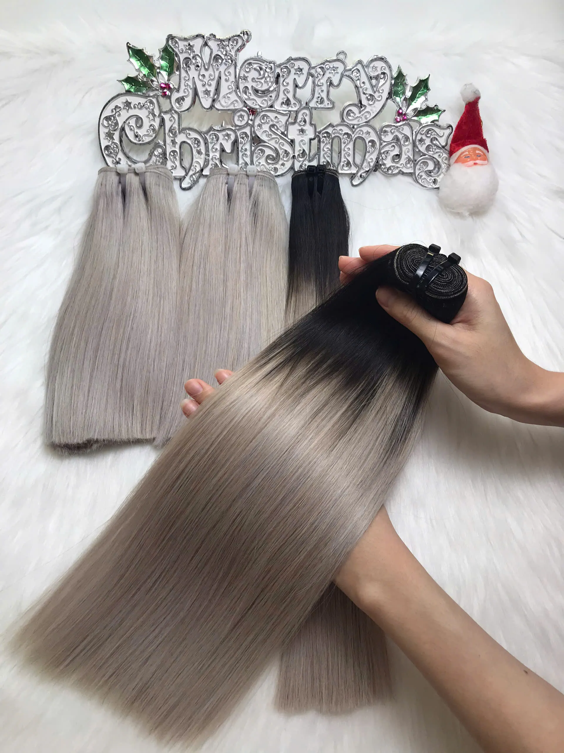 Weft Hair Extensions Ombre Grey Color Vietnamese Human Hair