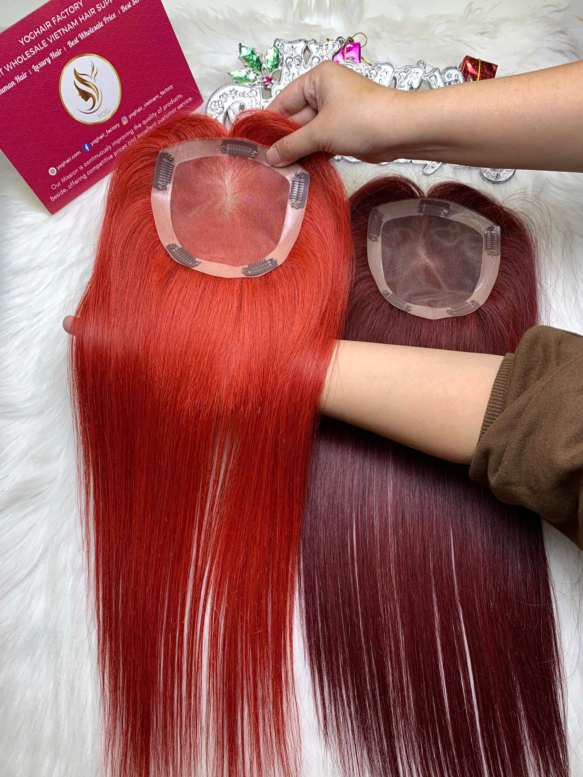 Human Hair Topper 150 Density Lace 5×5 Light Red Color Vietnamese Hair