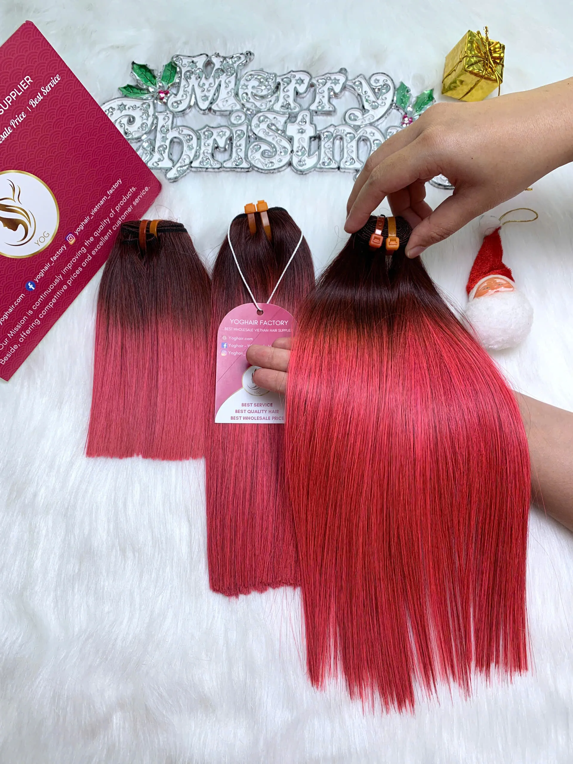 Vietnamese Bone Straight Hair Ombre Pink Color Machine Weft Hair Extensions