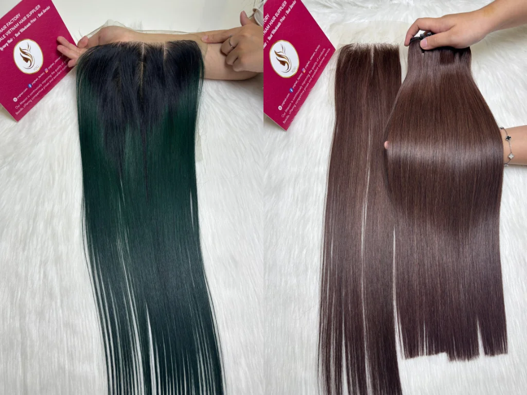  Side-by-side comparison of double drawn Vietnamese hair, showing even thickness.