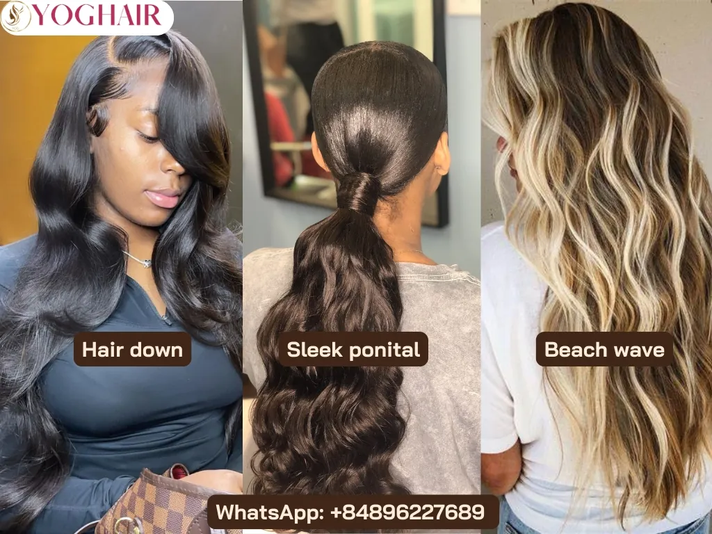 Ultimate Guide for Difference Types of Curly Weave Hair 13 Hair down vs Sleek ponytail vs Beach wave of straight curly wave