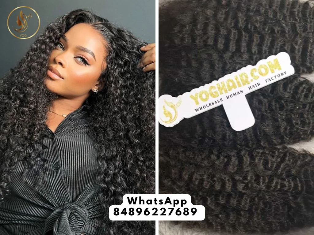 A deep wave wig features tight, well-defined curls